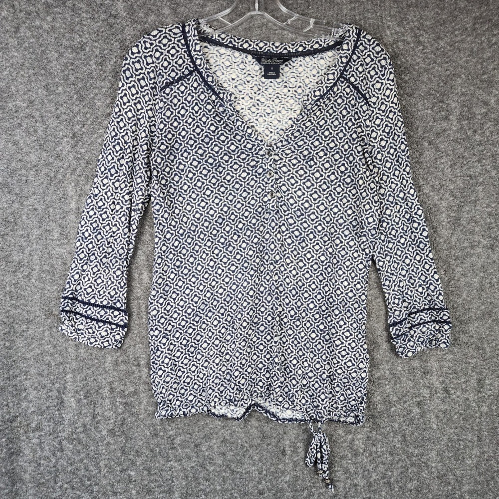 Lucky Brand Henley Top Women S Navy White Geometric Tile Print 3/4 Sleeve Boho